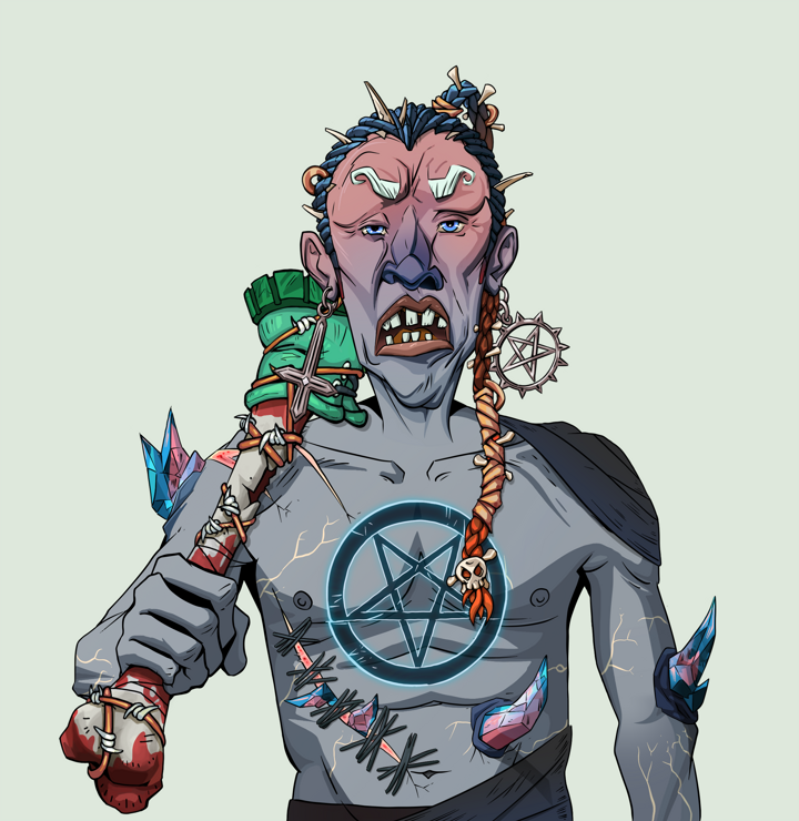 Goro — Degen Dojo NFT art (Jesuit Crosses, Olive Green, Demons, Recovering Alcoholic, Goro, Shirtless Runt, Braided Samurai Ponytail, Spiky Femur, Mint)