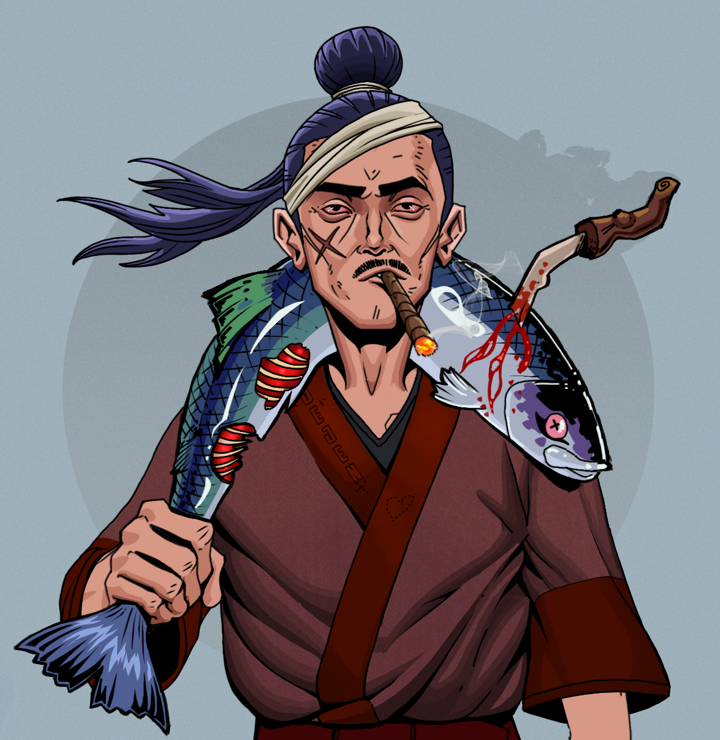 Raikou The Stoner — Degen Dojo NFT art (Shirtless Runt, Grey Mist, Degens, Proud Dejen Kimono, Raikou The Stoner, Long Flowing, Dead Fish, Mint)