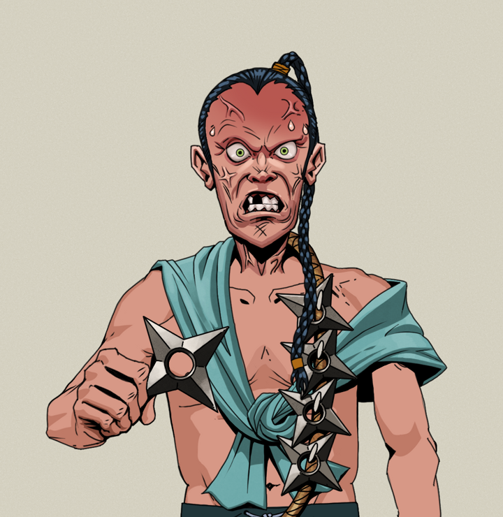 Angry Ikari — Degen Dojo NFT art (Shirtless Runt, Warm Grey, Degens, Queeny Chic, Angry Ikari, Braided Samurai Ponytail, Shuriken Belt, Mint)