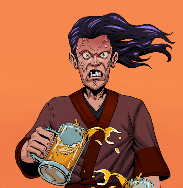 Angry Ikari — Degen Dojo NFT art (Shirtless Runt, Orange Afternoon, Degens, Proud Dejen Kimono, Angry Ikari, Flowing Battousai, Beer Splash, Mint)
