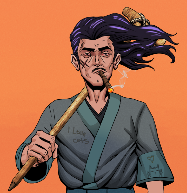 Raikou The Stoner — Degen Dojo NFT art (Shirtless Runt, Orange Afternoon, Degens, Cet Kimono, Raikou The Stoner, Flowing Battousai, Wooden Walking Cane, Mint)