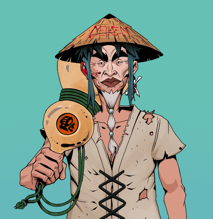 Yuji The Wise — Degen Dojo NFT art (Finger Bones, Teal Daytime, Degens, Rice Sack Rags, Yuji The Wise, Shirtless Runt, Degen Graffiti Rice Hat, Giant Sake Bottle, Mint)
