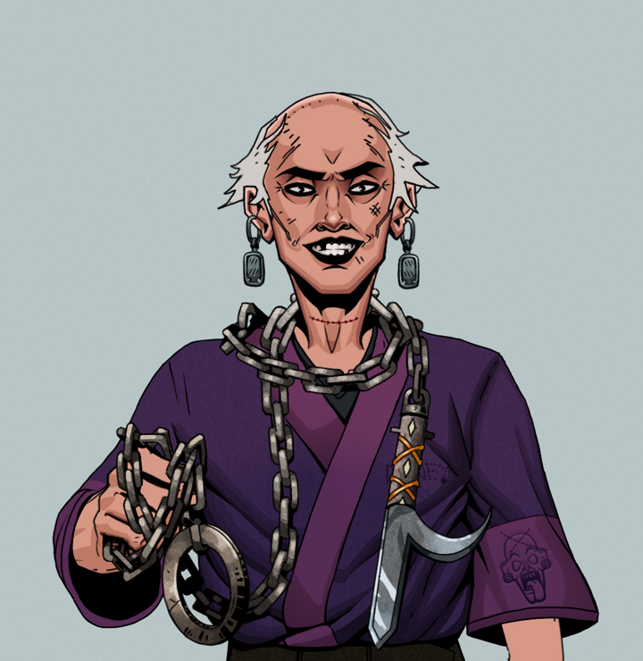 Junichiro Reborn — Degen Dojo NFT art (Iron Earrings, Light Grey, Degens, Money Kimono, Junichiro Reborn, Shirtless Runt, Kung Fu Master, Heavy Kyoketsu, Mint)