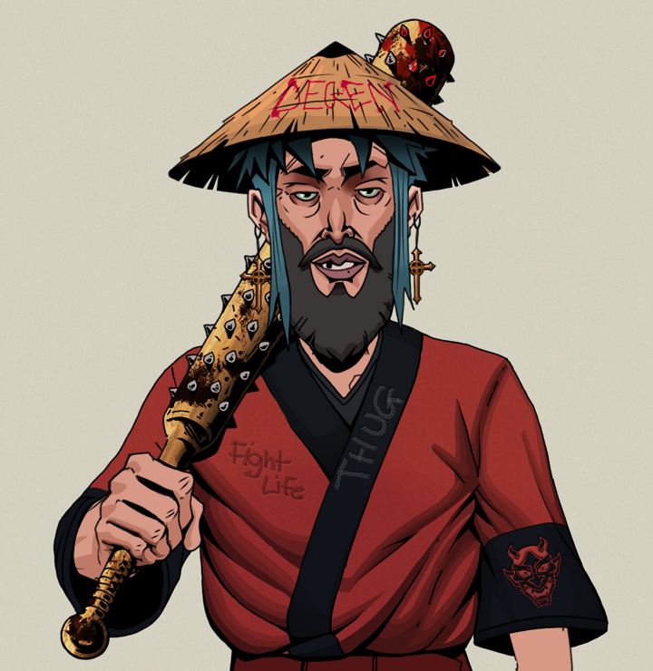 Serious Oleg — Degen Dojo NFT art (Jesuit Crosses, Warm Grey, Degens, Red Oni Kimono, Serious Oleg, Shirtless Runt, Degen Graffiti Rice Hat, Yakuza Club, Mint)