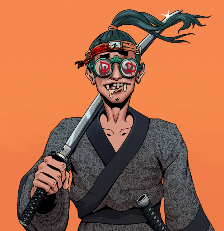 Drooling Azuma — Degen Dojo NFT art (Shirtless Runt, Orange Afternoon, Degens, Sushi Love Loose Kimono, Drooling Azuma, Dojo Graffiti, Green Bandana, Katana, Mint)