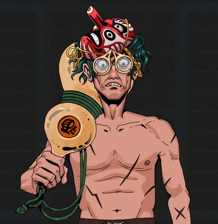 Shitless Botan — Degen Dojo NFT art (Shirtless Runt, Shoji Night, Degens, Battle Scars, Shitless Botan, Pocket Glasses, Tengu Mask, Giant Sake Bottle, Mint)