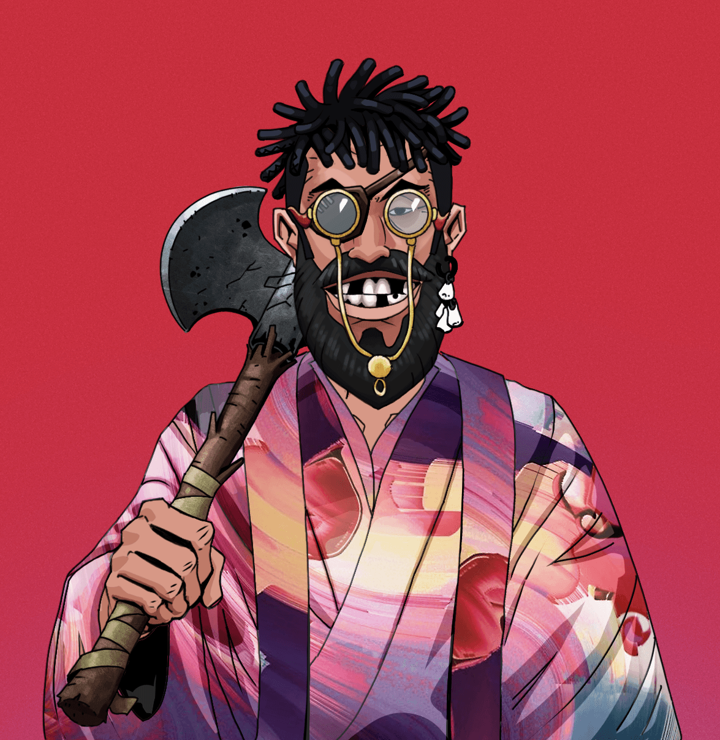 Igor The Veteran — Degen Dojo NFT art (Foes Teeth, Rising Sun, Degens, Autumn Sakura Kimono, Igor The Veteran, Pompous Glasses, Black Bantu Knots, Axe, Mint)