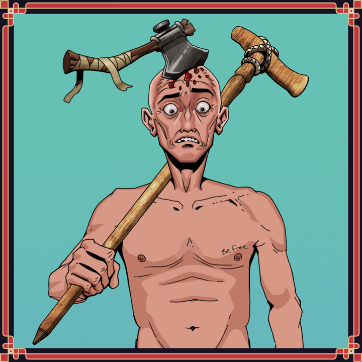 Shitless Botan — Degen Dojo NFT art (Shirtless Runt, Teal Daytime, Shitless Botan, Nudey Freak, Degen, Splitting Axe Ache, Throwing Teeth Bash, Wooden Walking Cane, Framed)