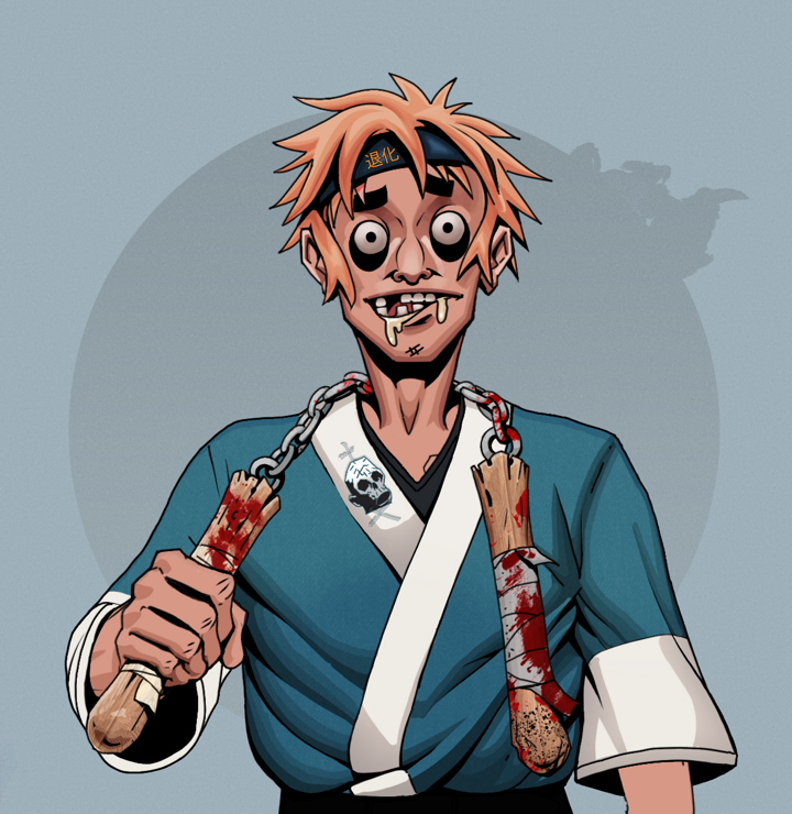 Drooling Azuma — Degen Dojo NFT art (Shirtless Runt, Grey Mist, Degens, Skull Kimono, Drooling Azuma, Tiger Headband Ruffian, Bloody Nunchucks, Mint)