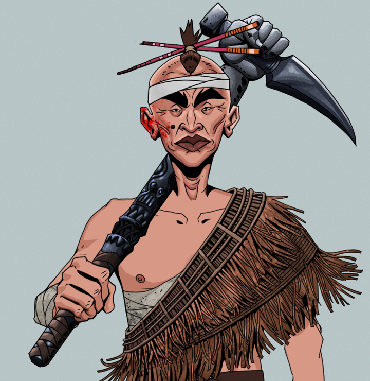 Young Yuji — Degen Dojo NFT art (Shirtless Runt, Light Grey, Degens, Dried Straw, Young Yuji, Hair Bun With Chopsticks, Stone Fist-Sickle, Mint)