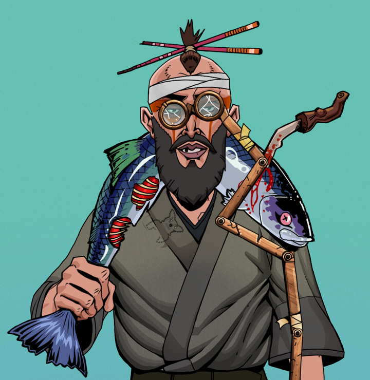 Oleg Of War — Degen Dojo NFT art (Shirtless Runt, Teal Daytime, Degens, Puppy Kimono, Oleg Of War, Telescopic Glasses, Hair Bun With Chopsticks, Dead Fish, Mint)