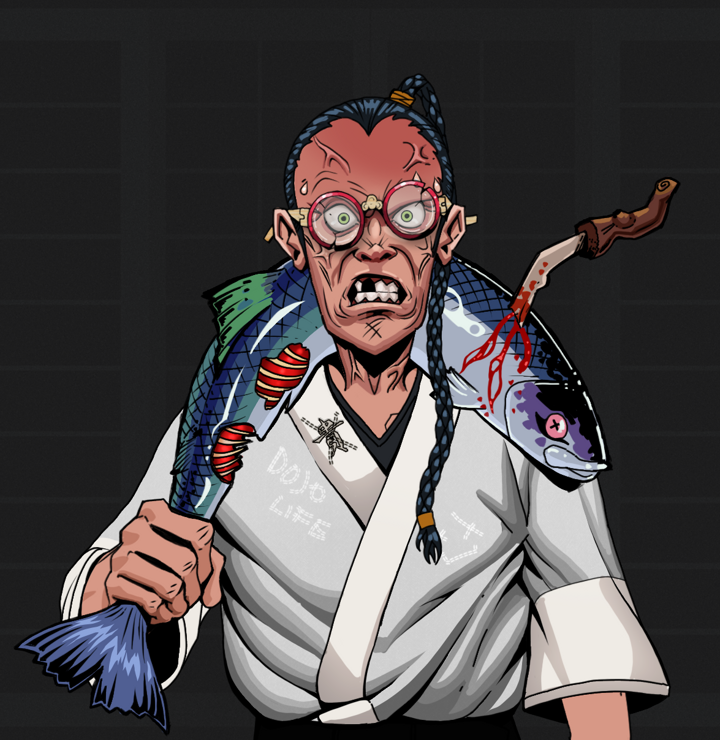 Angry Ikari — Degen Dojo NFT art (Shirtless Runt, Shoji Night, Degens, No Honor Kimono, Angry Ikari, Broken Glasses, Braided Samurai Ponytail, Dead Fish, Mint)