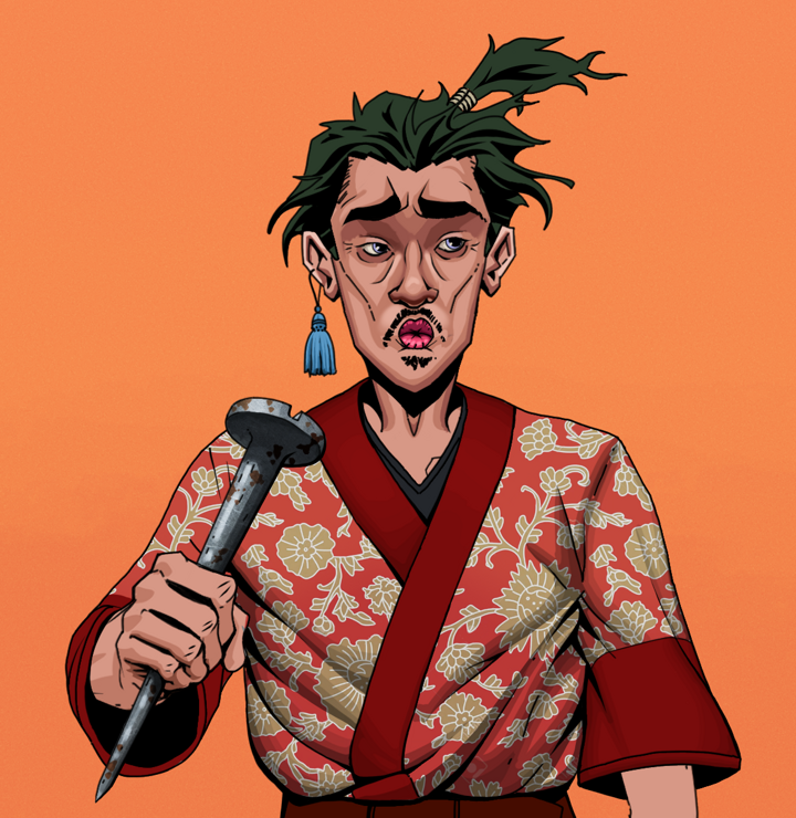Masumi Steel — Degen Dojo NFT art (Tassel, Orange Afternoon, Degens, Silken Sunflower Kimono, Masumi Steel, Shirtless Runt, Messy Ponytail, Rusty Nail, Mint)