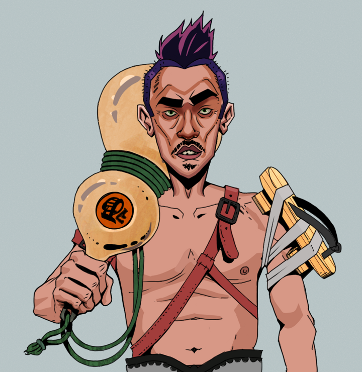 Gloomy Masumi — Degen Dojo NFT art (Shirtless Runt, Light Grey, Degens, Strap On Geta, Gloomy Masumi, Yakuza Hooligan, Giant Sake Bottle, Mint)