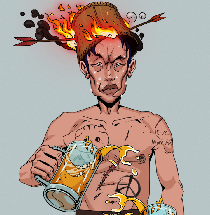 Stresshead Rin — Degen Dojo NFT art (Shirtless Runt, Light Grey, Degens, Recovering Alcoholic, Stresshead Rin, Burning Basket, Beer Splash, Mint)
