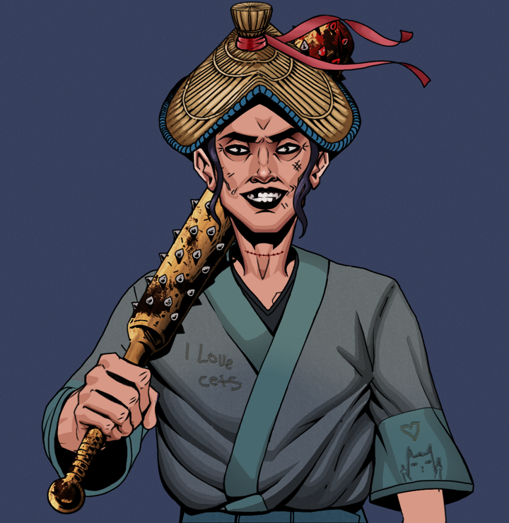 Junichiro Reborn — Degen Dojo NFT art (Shirtless Runt, Blue Evening, Degens, Cet Kimono, Junichiro Reborn, High Straw Rice Hat, Yakuza Club, Mint)