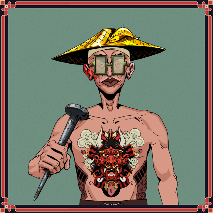 Young Yuji — Degen Dojo NFT art (Shirtless Runt, Olive Green, Young Yuji, Red Oni Tattoo, Degen, Shoji Glasses, Golden Kasa Fisherman, Twisting Tiger Stomp, Rusty Nail, Framed)