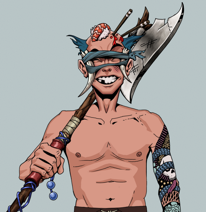 Cheery Haru — Degen Dojo NFT art (Shirtless Runt, Light Grey, Degens, Skull Sleeve, Cheery Haru, Tied Horns, Sushi Fight, Broken Nagatina, Mint)
