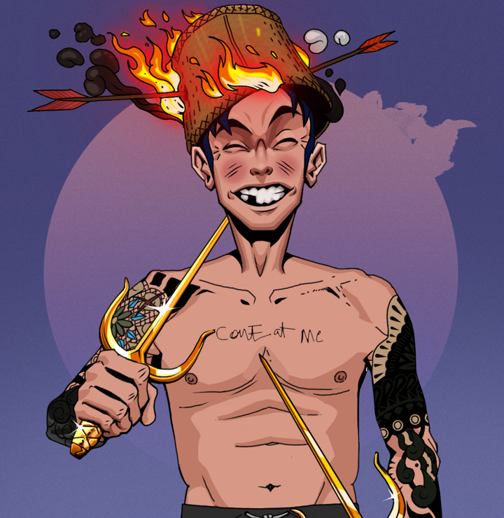 Cheery Haru — Degen Dojo NFT art (Shirtless Runt, Purple Night, Degens, Black Yakuza Sleeves, Cheery Haru, Burning Basket, Golden Sai, Mint)