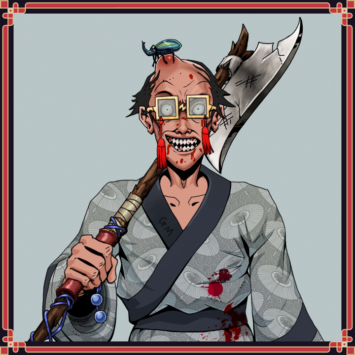 Assassin Fuzen — Degen Dojo NFT art (Shirtless Runt, Light Grey, Assassin Fuzen, Loose Parasol Kimono, Degen, Shoji Tassel Glasses, Kung Fu Beetle, Roaring Gut Grope, Broken Naginata, Framed)