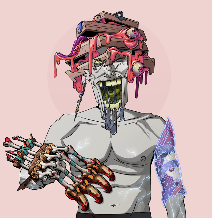 Yuuki — Degen Dojo NFT art (Shark Tooth, Red High Moon, Demons, Skull Sleeve, Yuuki, Shirtless Runt, Tengai Basket, Tekko-Kagi Claws, Mint)