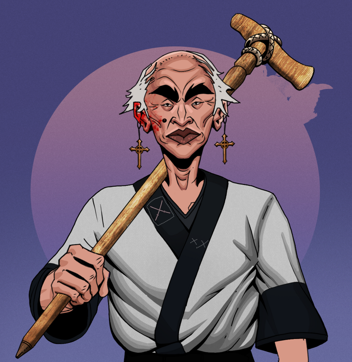 Young Yuji — Degen Dojo NFT art (Jesuit Crosses, Purple Night, Degens, Katana Kimono, Young Yuji, Shirtless Runt, Kung Fu Master, Wooden Walking Cane, Mint)