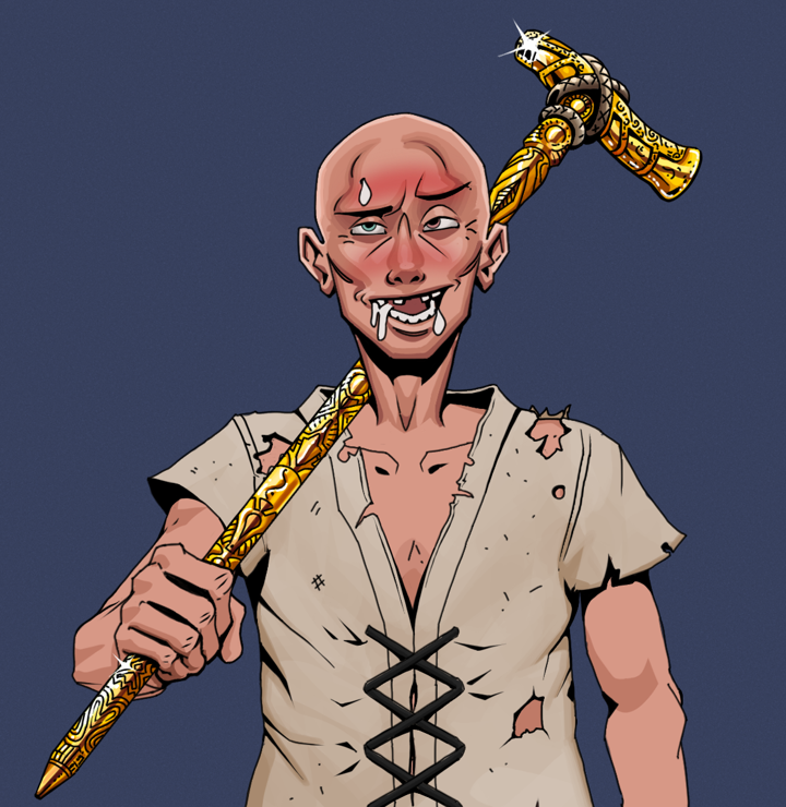 Yuuki — Degen Dojo NFT art (Shirtless Runt, Blue Evening, Degens, Rice Sack Rags, Yuuki, Bald, Golden Walking Cane, Mint)