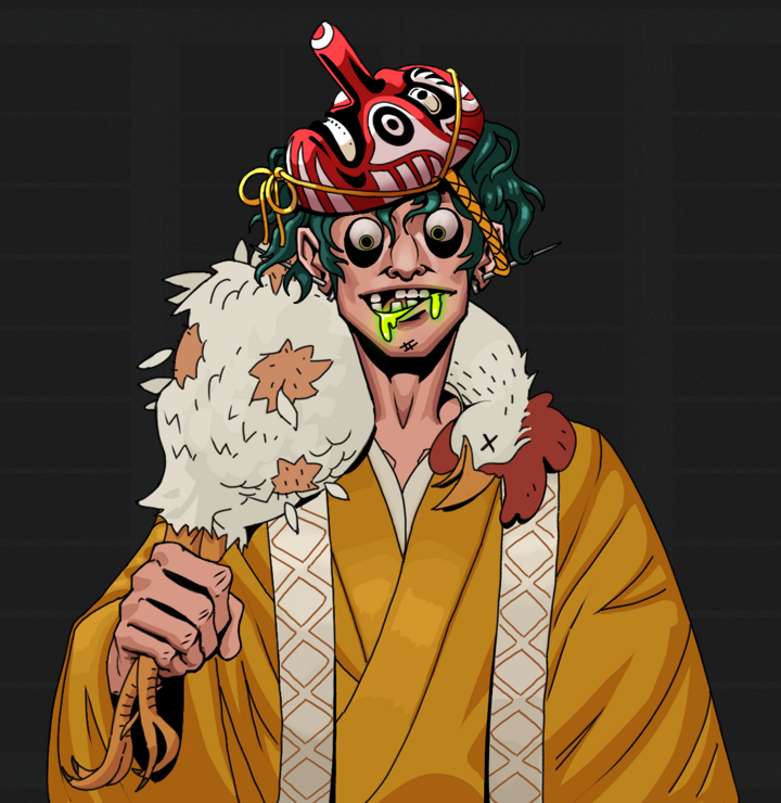 Toxic Azuma — Degen Dojo NFT art (Nails, Shoji Night, Degens, Ordained Dejen, Toxic Azuma, Shirtless Runt, Tengu Mask, Chicken, Mint)