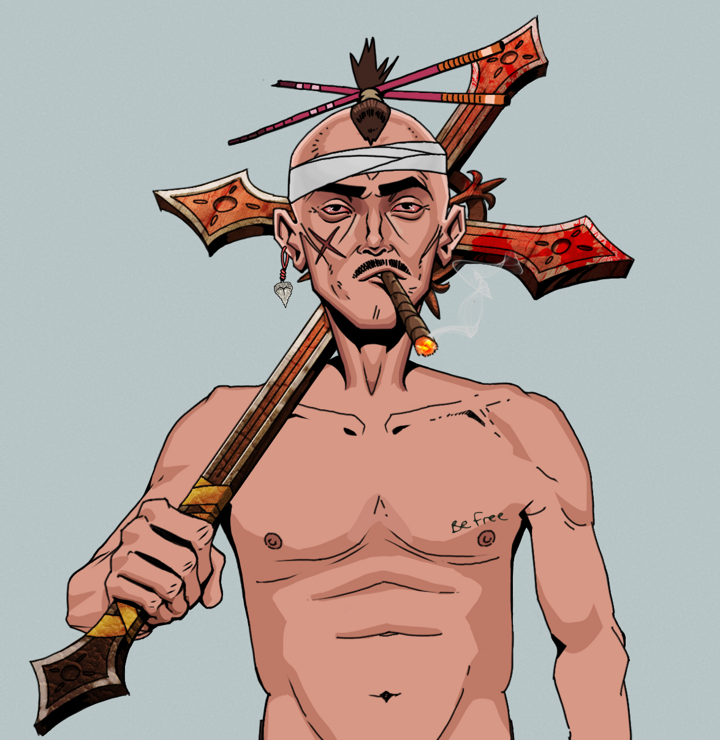 Raikou The Stoner — Degen Dojo NFT art (Shark Tooth, Light Grey, Degens, Nudey Freak, Raikou The Stoner, Shirtless Runt, Hair Bun With Chopsticks, Jesuit Bloody Cross, Mint)