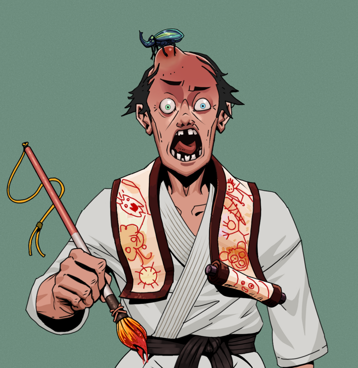 Tokuda — Degen Dojo NFT art (Shirtless Runt, Olive Green, Degens, Student Gi, Tokuda, Kung Fu Beetle, Paintbrush, Mint)