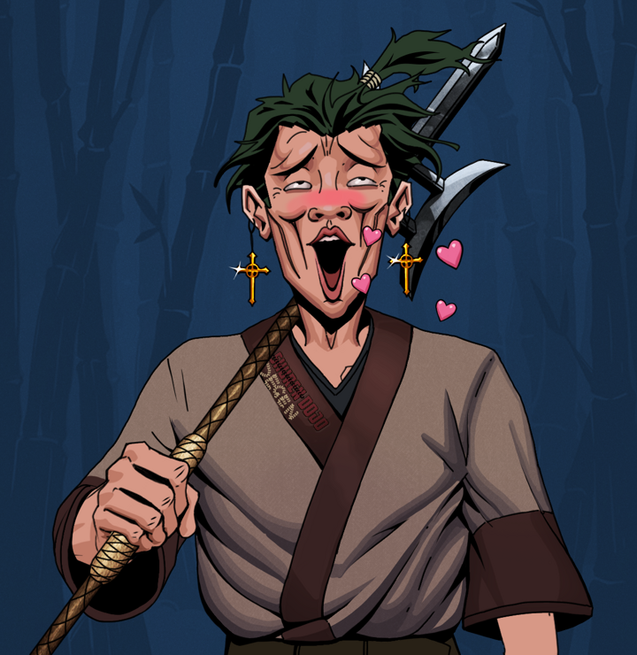 Lovey Haruto — Degen Dojo NFT art (Golden Jesuit Crosses, Night Forest, Degens, Degen Dojo Kimono, Lovey Haruto, Shirtless Runt, Messy Ponytail, Bishamon Yari, Mint)