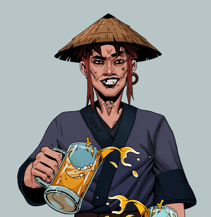 Junichiro — Degen Dojo NFT art (Wooden Loop, Light Grey, Degens, Fuck You Kimono, Junichiro, Shirtless Runt, Rice Hat, Beer Splash, Mint)