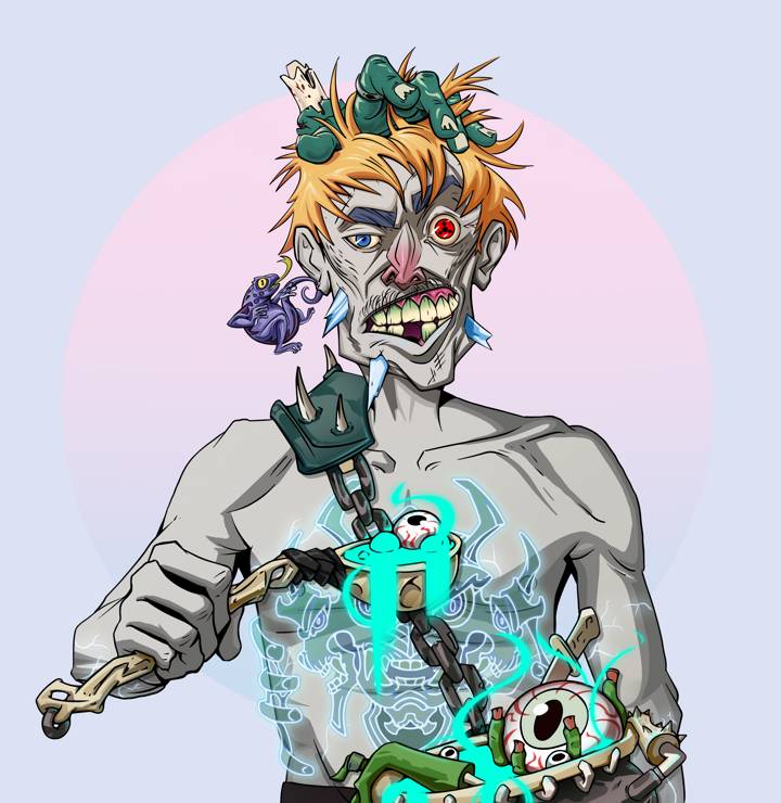 Akuma — Degen Dojo NFT art (Lizard, Purple Night, Demons, Blue Oni Tattoo, Akuma, Shirtless Runt, Tiger Headband Ruffian, Shaman Soup, Mint)