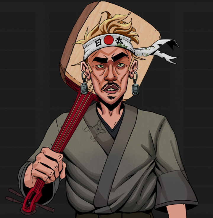 Gloomy Masumi — Degen Dojo NFT art (Iron Earrings, Shoji Night, Degens, Puppy Kimono, Gloomy Masumi, Shirtless Runt, Karate Headband, Shamisen, Mint)