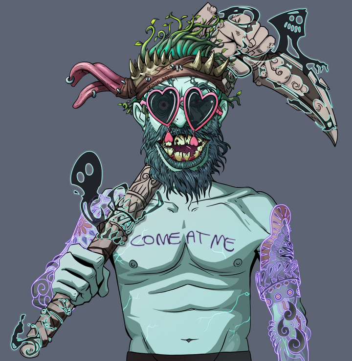 Igor The Bear — Degen Dojo NFT art (Shirtless Runt, Shoji Night, Demons, Black Yakuza Sleeves, Igor The Bear, Loveheart Shades, Degen Dojo Headband, Bronze Fisted Sickle, Mint)