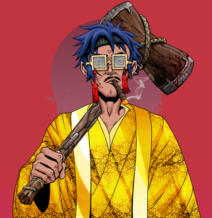 Raikou The Stoner — Degen Dojo NFT art (Shirtless Runt, Red High Moon, Degens, Golden Monk Robes, Raikou The Stoner, Shoji Tassel Glasses, Bum Headband Ruffian, Wooden Warhammer, Mint)