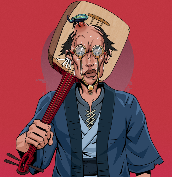 Stresshead Rin — Degen Dojo NFT art (Chicken Bones, Red High Moon, Degens, Blue Warrior Kimono, Stresshead Rin, Pompous Glasses, Kung Fu Beetle, Shamisen, Mint)