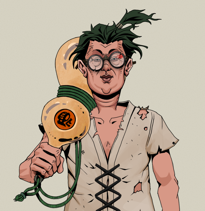 Fat Bob — Degen Dojo NFT art (Shirtless Runt, Warm Grey, Degens, Rice Sack Rags, Fat Bob, Bloodied Glasses, Messy Ponytail, Giant Sake Bottle, Mint)