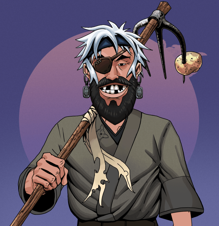 Igor The Veteran — Degen Dojo NFT art (Iron Earrings, Purple Night, Degens, Puppy Kimono, Igor The Veteran, Shirtless Runt, White Ruffian, Farmers Hoe, Mint)