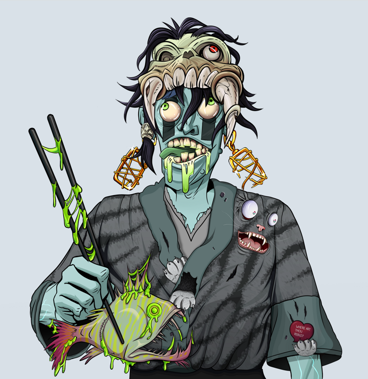 Toxic Azuma — Degen Dojo NFT art (Gold Earrings, Blue Evening, Demons, Cet Kimono, Toxic Azuma, Shirtless Runt, Sabertooth Skull, Frightened Fugu, Mint)