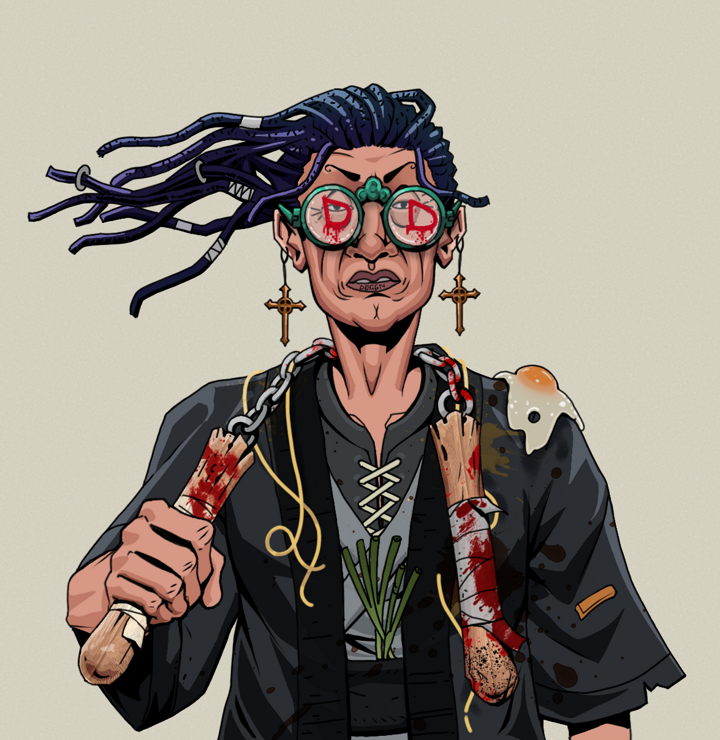 Goro — Degen Dojo NFT art (Jesuit Crosses, Warm Grey, Degens, Glutton Fight, Goro, Dojo Graffiti, Flowing Dreads, Bloody Nunchucks, Mint)