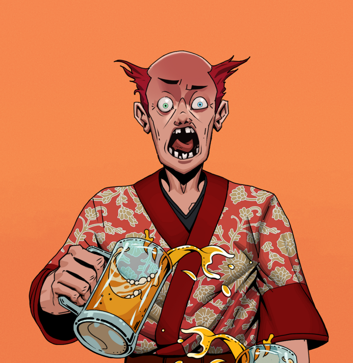 Tokuda — Degen Dojo NFT art (Shirtless Runt, Orange Afternoon, Degens, Silken Sunflower Kimono, Tokuda, Red Heihachi, Beer Splash, Mint)