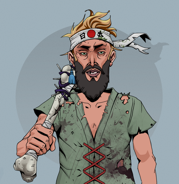 Serious Oleg — Degen Dojo NFT art (Tassel, Grey Mist, Degens, Dirty Peasant Rags, Serious Oleg, Shirtless Runt, Karate Headband, Spiky Femur, Mint)