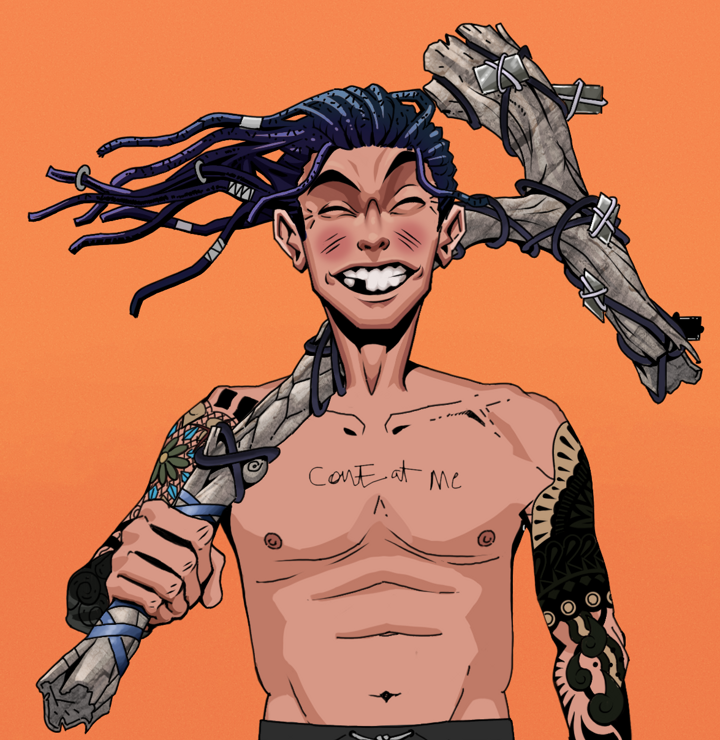 Cheery Haru — Degen Dojo NFT art (Shirtless Runt, Orange Afternoon, Degens, Black Yakuza Sleeves, Cheery Haru, Flowing Dreads, Large Branch, Mint)