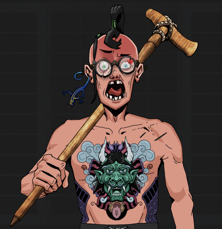 Tokuda — Degen Dojo NFT art (Lizard, Shoji Night, Degens, Blue Oni Tattoo, Tokuda, Bloodied Glasses, Dejen Samurai, Wooden Walking Cane, Mint)