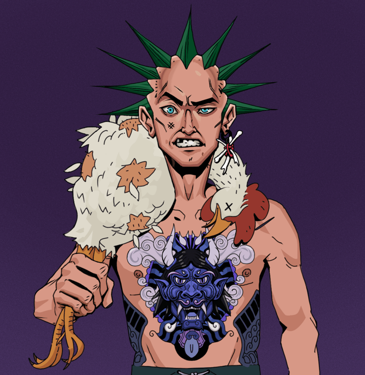 Akuma — Degen Dojo NFT art (Shirtless Runt, Purple Evening, Degens, Midnight Oni Tattoo, Akuma, Zapachi, Chicken, Mint)