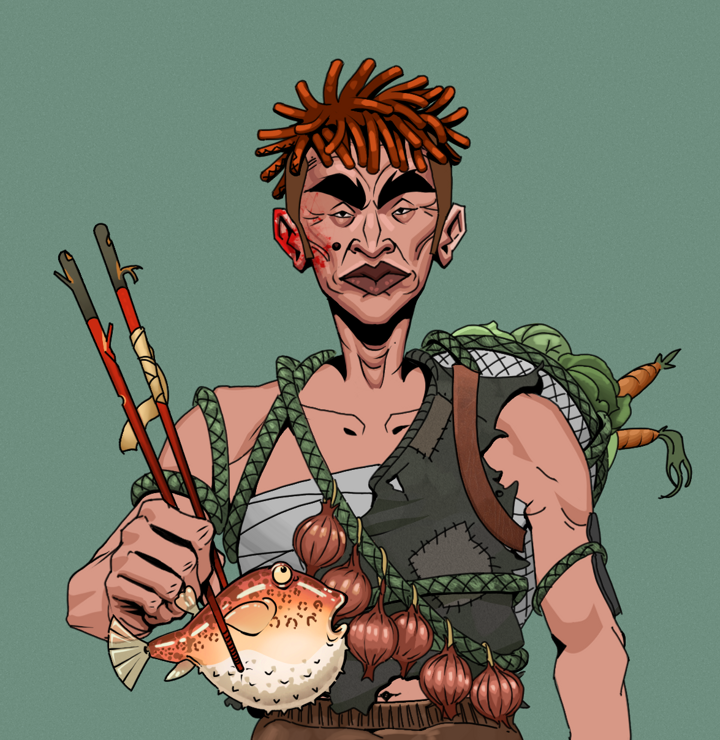 Young Yuji — Degen Dojo NFT art (Shirtless Runt, Olive Green, Degens, Farmer, Young Yuji, Orange Bantu Knots, Frightened Fugu, Mint)