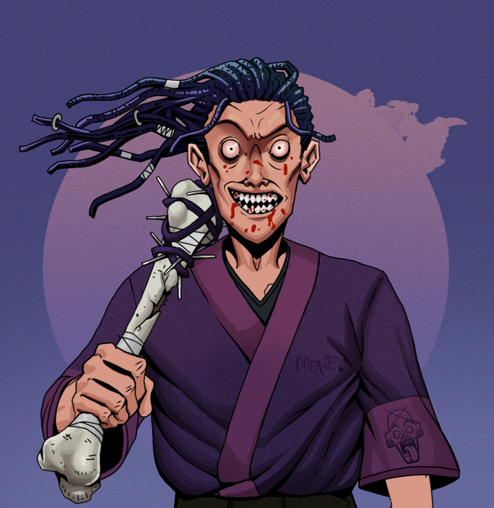 Assassin Fuzen — Degen Dojo NFT art (Shirtless Runt, Purple Night, Degens, Money Kimono, Assassin Fuzen, Flowing Dreads, Spiky Femur, Mint)