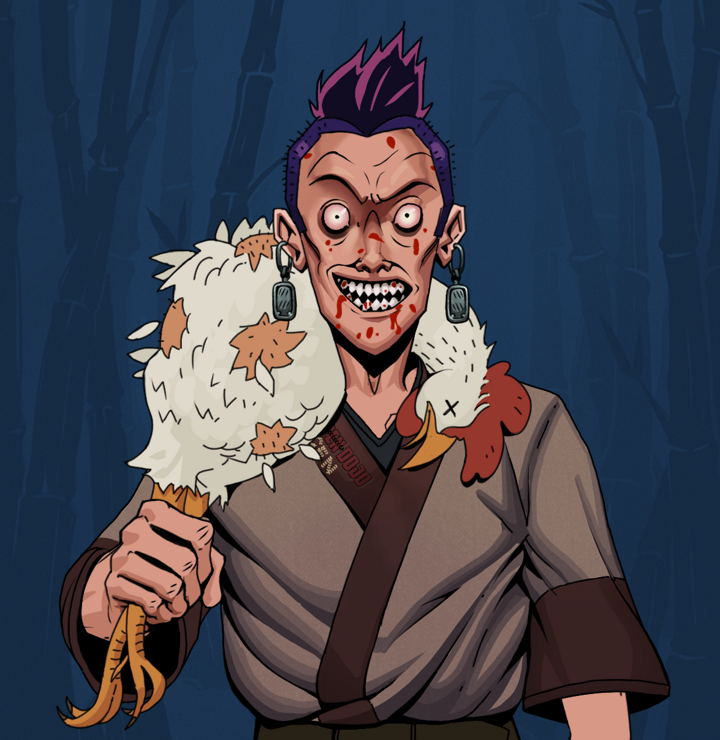 Assassin Fuzen — Degen Dojo NFT art (Iron Earrings, Night Forest, Degens, Degen Dojo Kimono, Assassin Fuzen, Shirtless Runt, Yakuza Hooligan, Chicken, Mint)