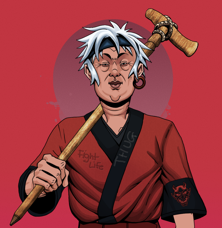 Fat Bob — Degen Dojo NFT art (Wooden Loop, Red High Moon, Degens, Red Oni Kimono, Fat Bob, Shirtless Runt, White Ruffian, Wooden Walking Cane, Mint)